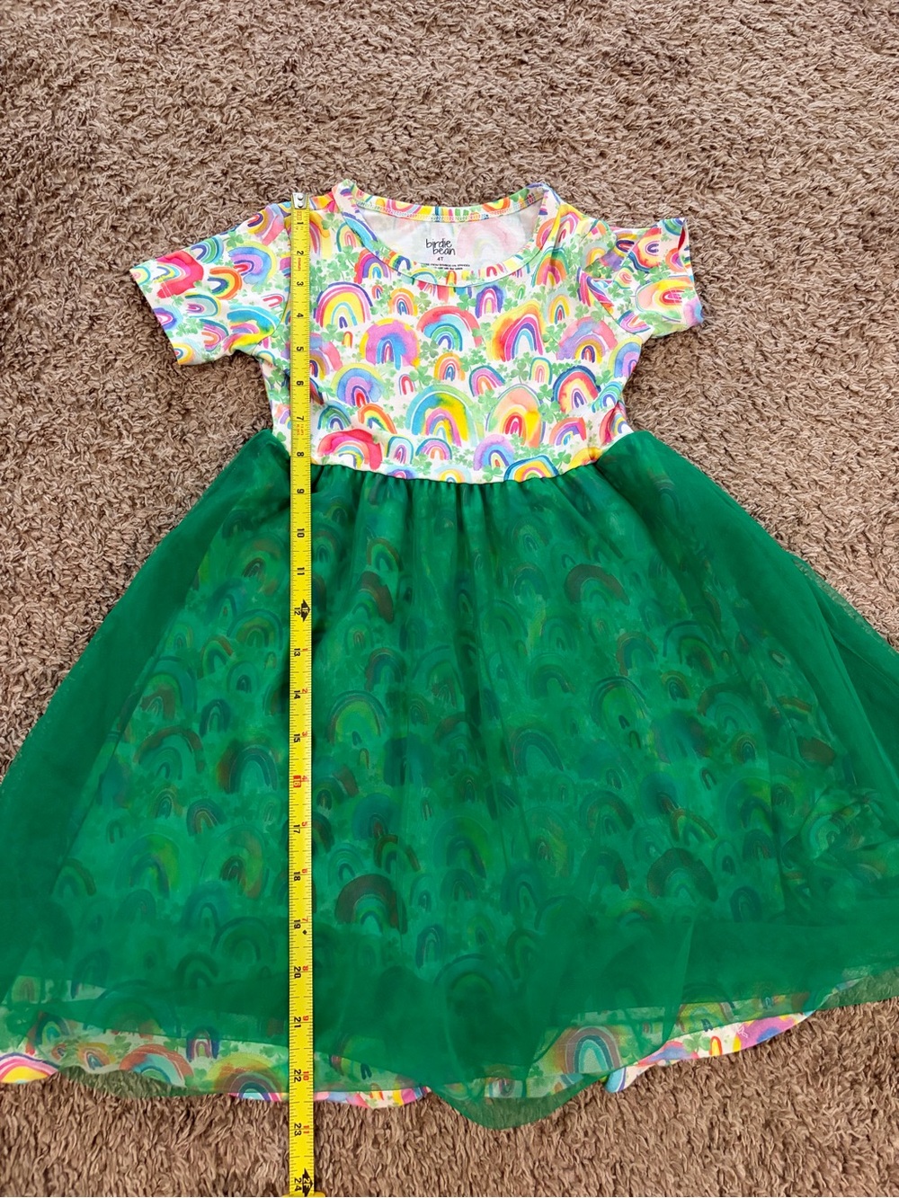 Birdie Bean Vibrant Rainbow Pattern W/ Green Tulle Overlay Size 4T - Picture 5 of 5